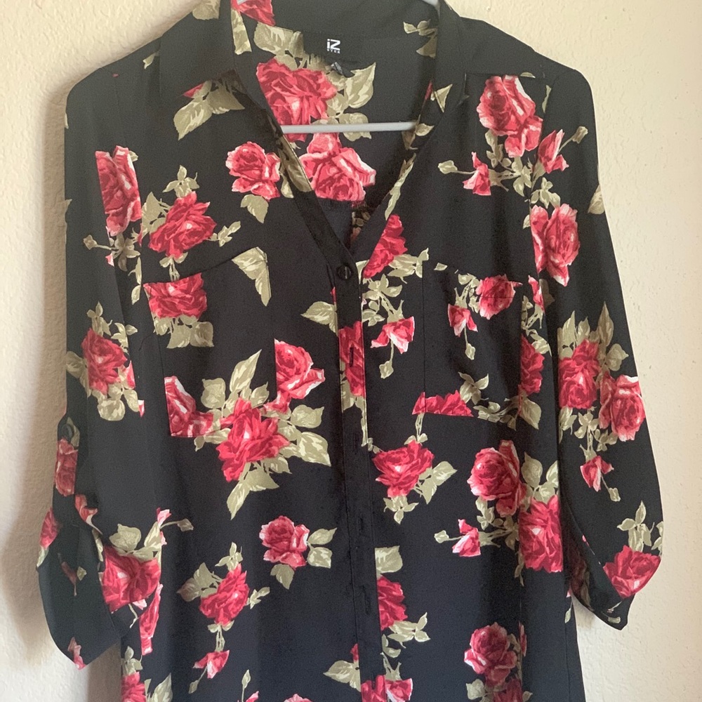 Black floral print roll tab sleeve button up